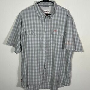 SIMMS Button Up Shirt Mens XL Plaid Short Sleeve Fishing Yellowstone Club PM Emb